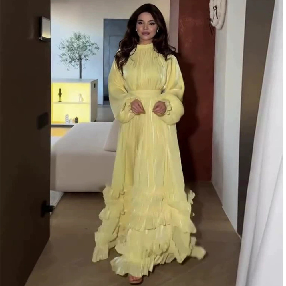 Forever 21 Yellow Elegant Round-Neck Long-Sleeve Ruffle Hem Waist Cinching Dress
